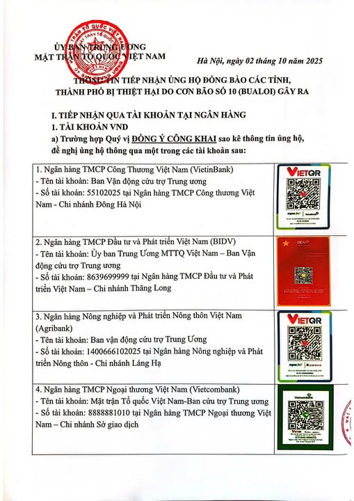 THÔNG TIN TIẾP NHẬN ỦNG HỘ ĐỒNG BÀO CÁC TỈNH, THÀNH PHỐ BỊ THIỆT HẠI DO CƠN BÃO SỐ 10 (Bualoi) GÂY RA